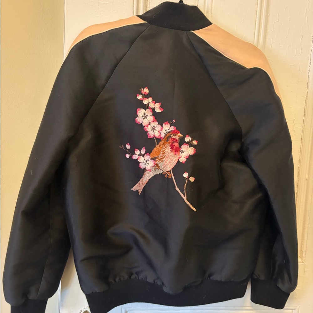 Stella McCartney Black Bomber Jacket with Pink Sleeves and Embroidered Birds - Picture 4 of 4